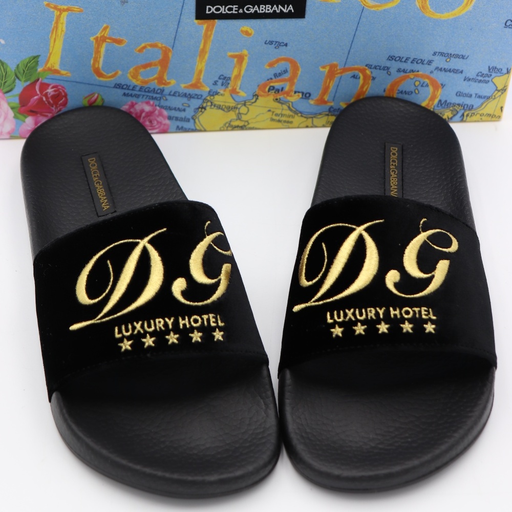 NIB DOLCE & GABBANA Velvet Luxury Hotel Slides Sandals